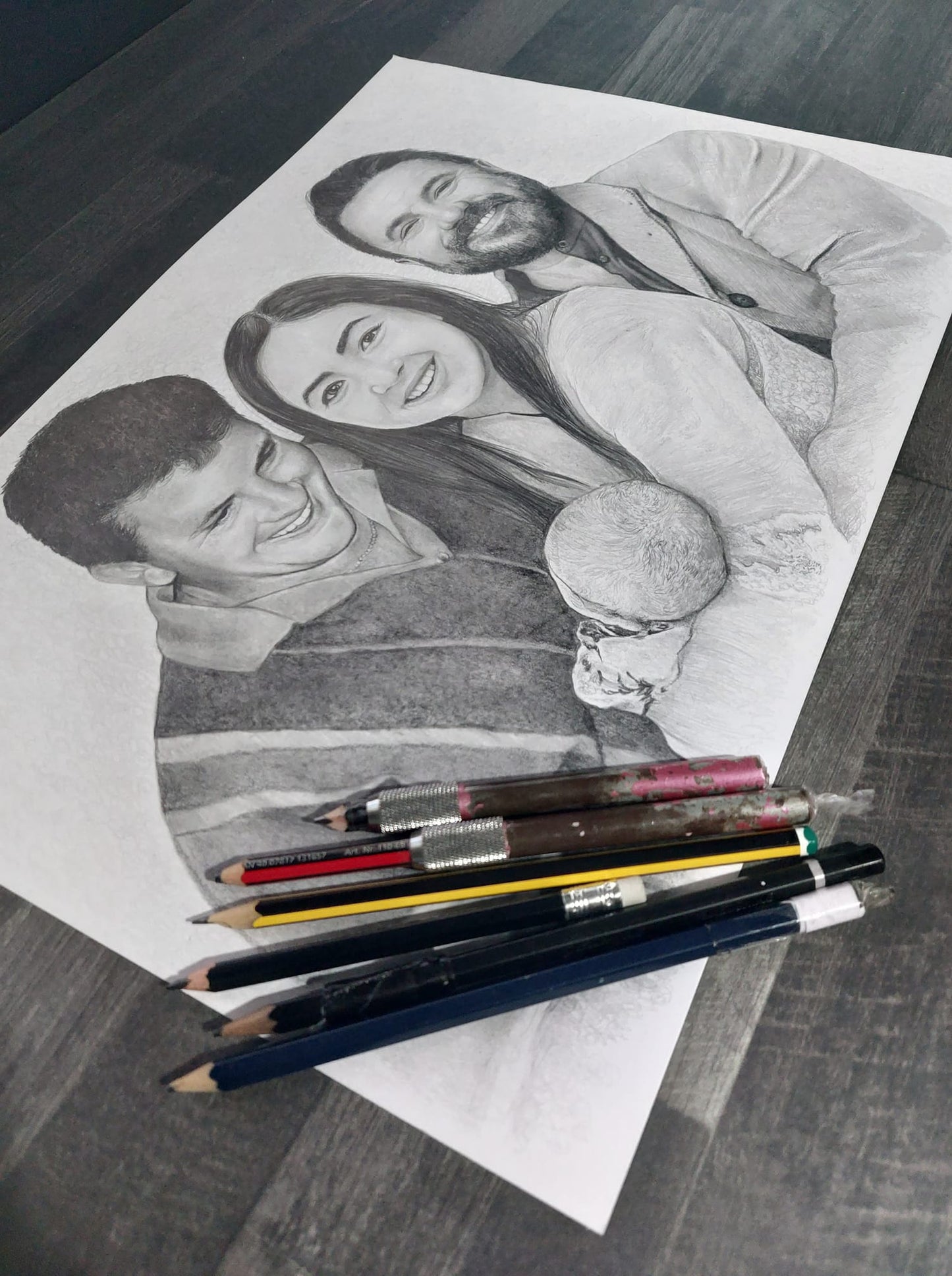 Hand Drawn Family Portrait - Photo Restoration Included