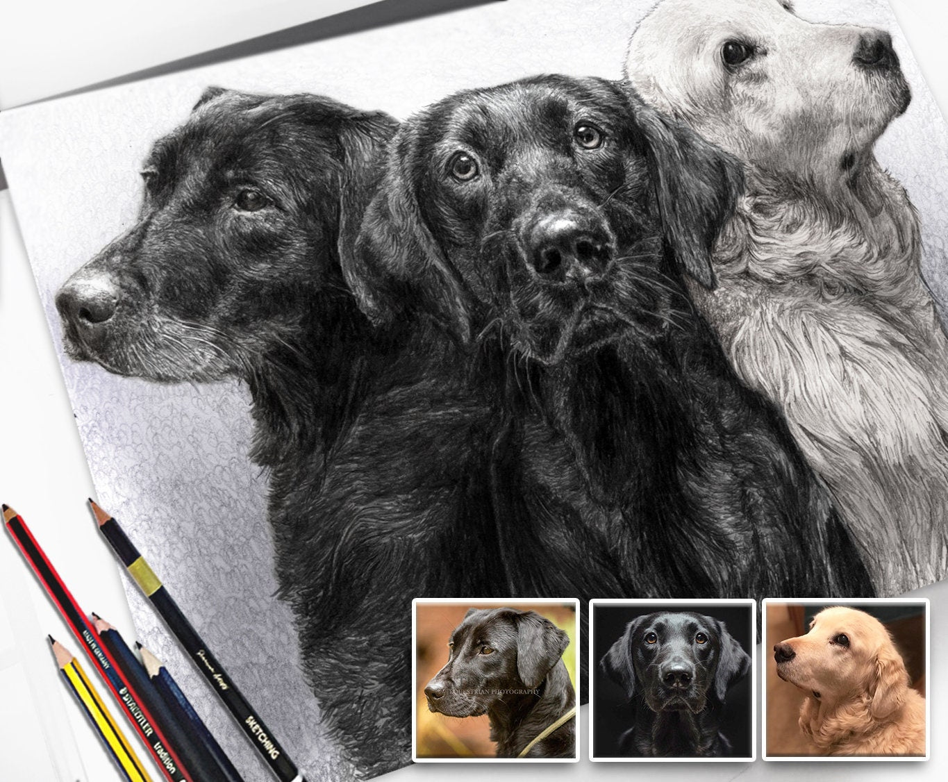 Hand Drawn Dog Pencil Sketch - Hyper realistic professional pet portraits made from your photos. The perfect gift for all animal lovers