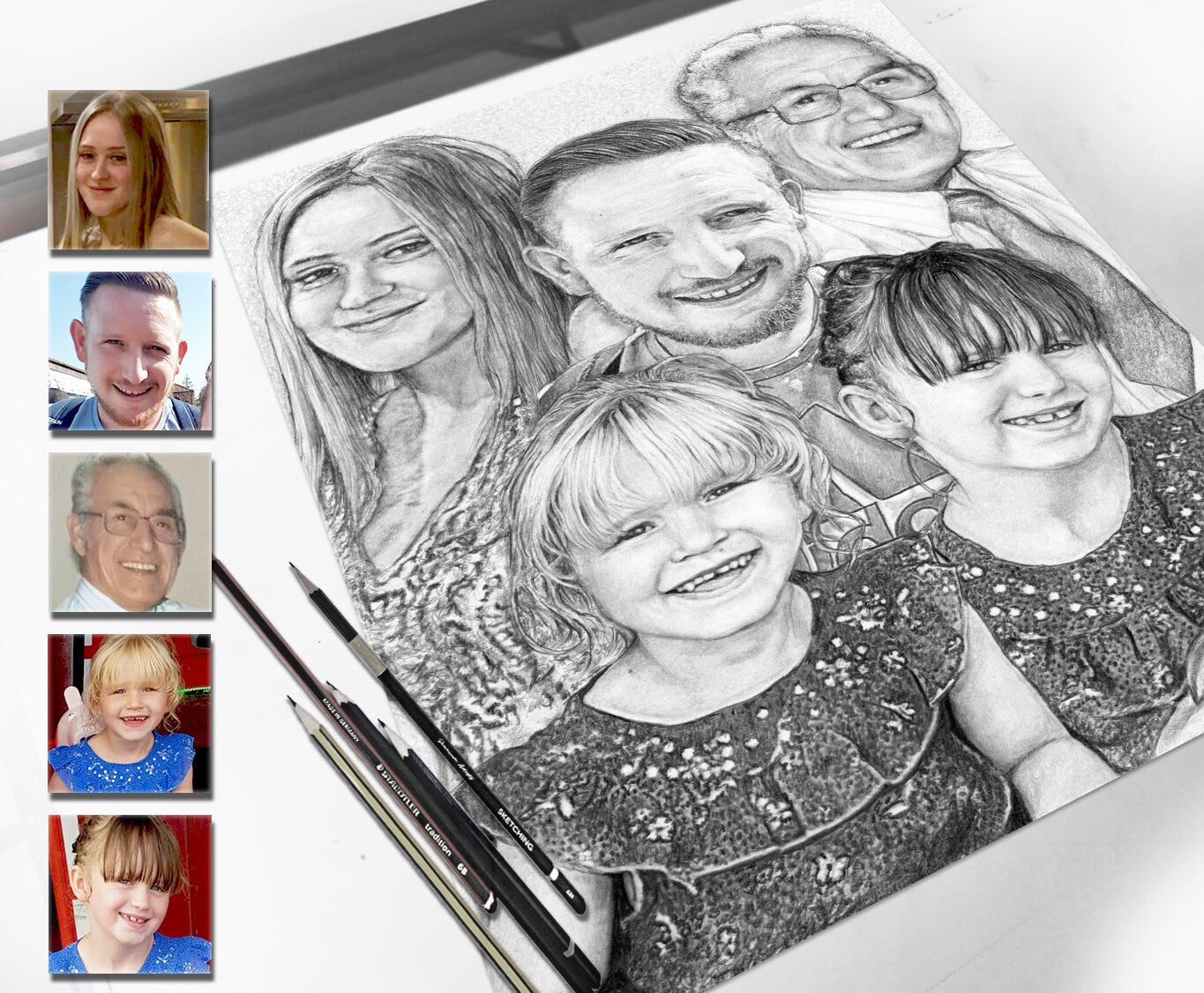 Hand Drawn Professionally Sketched Pencil Drawing. Combine Photos for the Perfect Hand Sketched Family Portrait - Photo Restoration Included