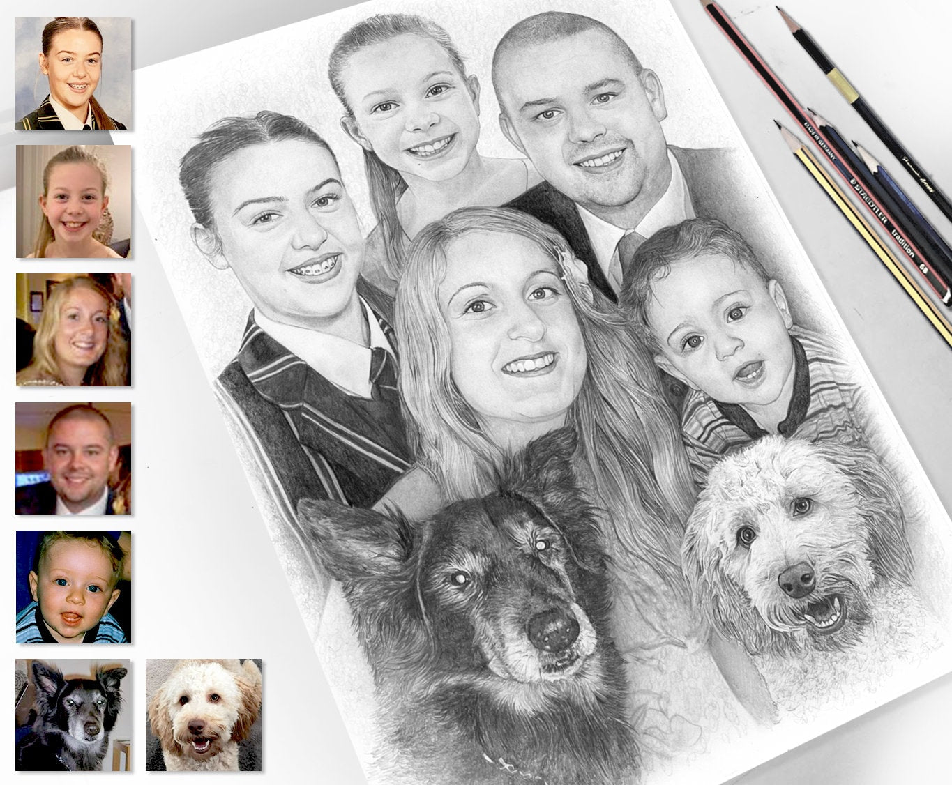 Hand Drawn Professionally Sketched Pencil Drawing. Combine Photos for the Perfect Hand Sketched Family Portrait - Photo Restoration Included