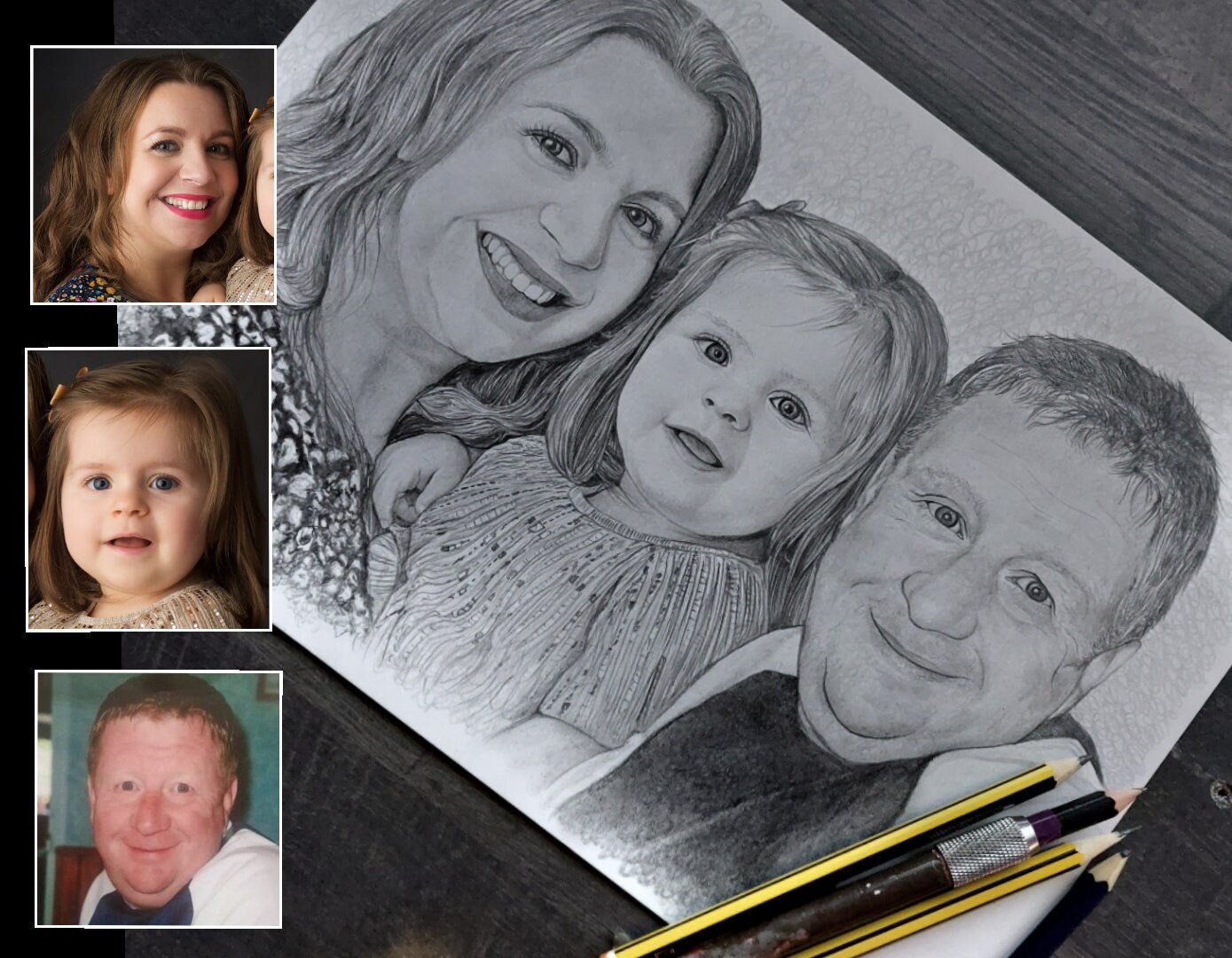 Hand Drawn Professionally Sketched Pencil Drawing. Combine Photos for the Perfect Hand Sketched Family Portrait - Photo Restoration Included