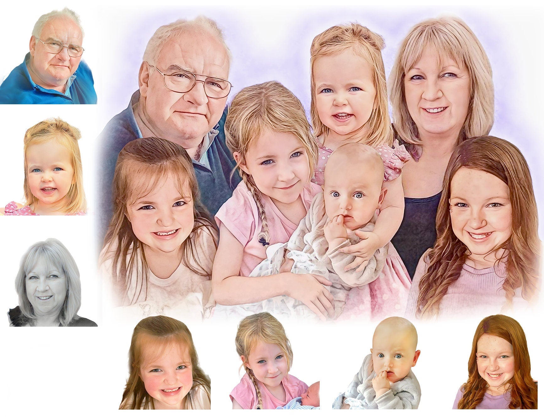 Personalised Group Sketch - Professionally created Custom Portrait From Your Photos - Artist sketching paper or canvas prints, perfect gift
